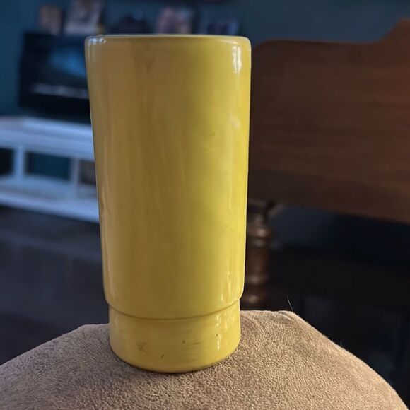 Vintage 4” Cylinder Vase Bright Yellow with Orange Flower. - Picture 3 of 6